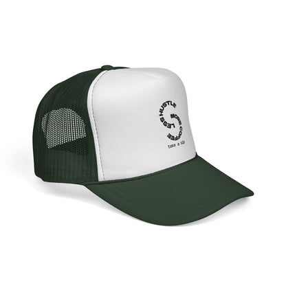 Trucker Cap — 'Hustle More, Sleep Less' Minimal Logo Mesh Hat