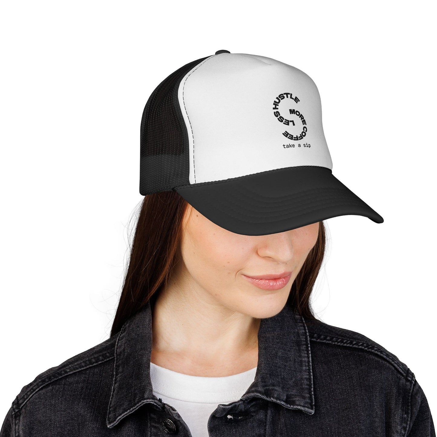 Trucker Cap — 'Hustle More, Sleep Less' Minimal Logo Mesh Hat
