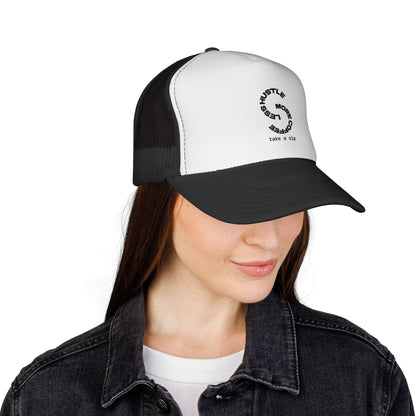 Trucker Cap — 'Hustle More, Sleep Less' Minimal Logo Mesh Hat