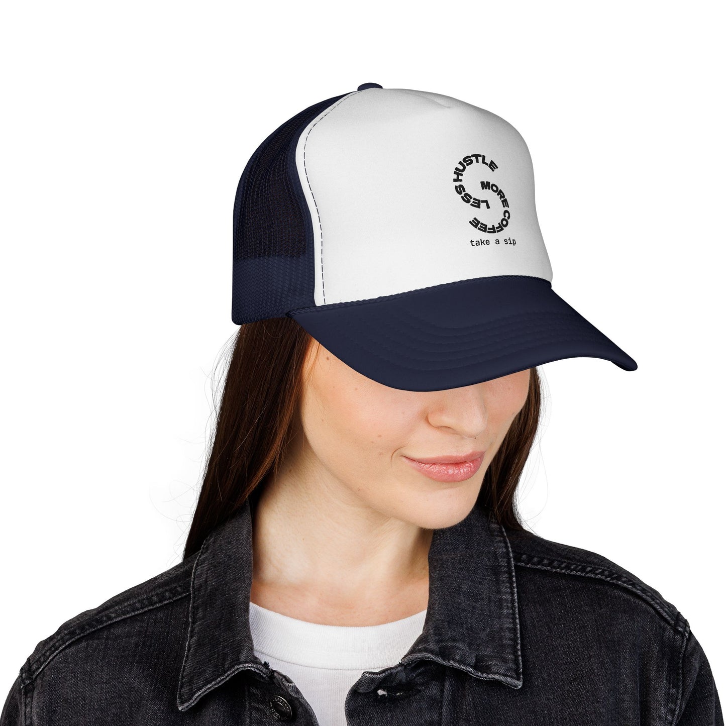 Trucker Cap — 'Hustle More, Sleep Less' Minimal Logo Mesh Hat