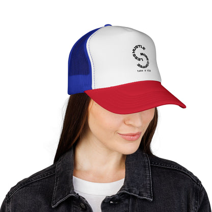 Trucker Cap — 'Hustle More, Sleep Less' Minimal Logo Mesh Hat