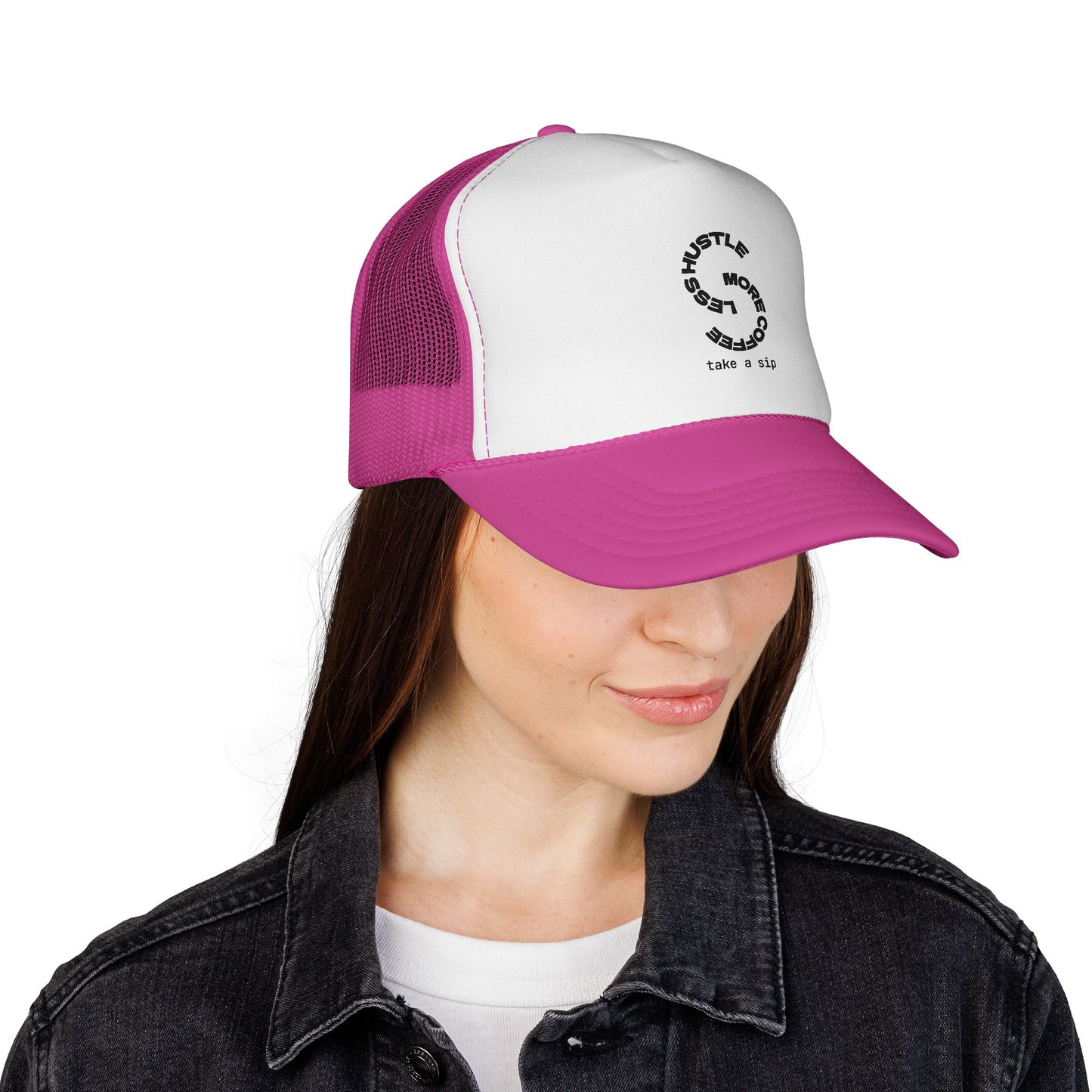 Trucker Cap — 'Hustle More, Sleep Less' Minimal Logo Mesh Hat