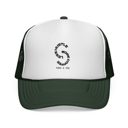 Trucker Cap — 'Hustle More, Sleep Less' Minimal Logo Mesh Hat