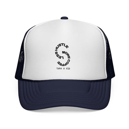 Trucker Cap — 'Hustle More, Sleep Less' Minimal Logo Mesh Hat