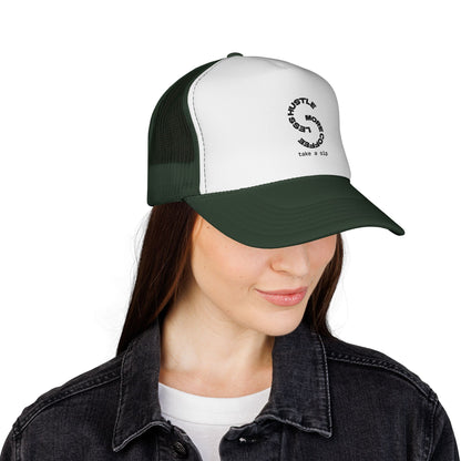 Trucker Cap — 'Hustle More, Sleep Less' Minimal Logo Mesh Hat