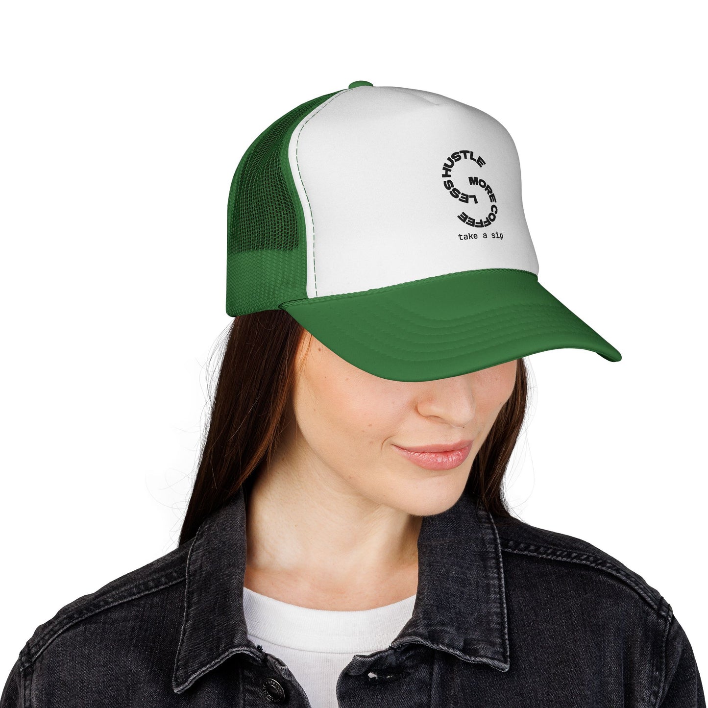 Trucker Cap — 'Hustle More, Sleep Less' Minimal Logo Mesh Hat